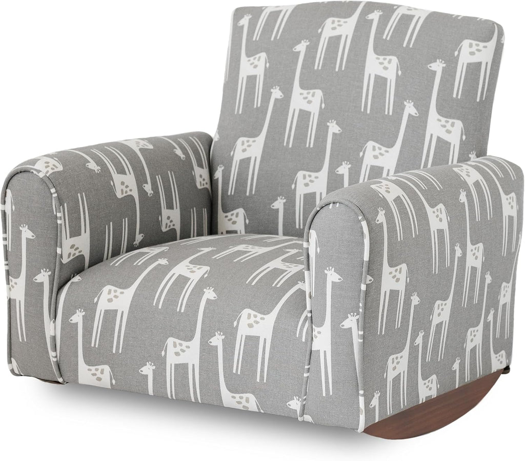 Toddler Personalized Armchair, Kids Upholstered Rocking Chair with Personalization, Toddler Chair with Personalized Name, Comfy Child Armchair, (Grey Giraffes Print, Rockers)