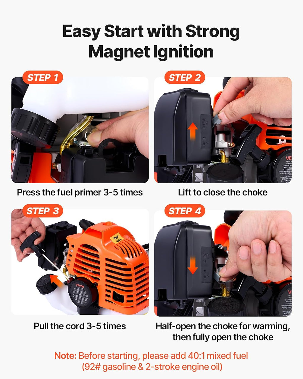VEVOR Gas Hedge Trimmer, 2 Cycle Gas Power Handheld Hedge Trimmer, 5-in-1 63cc Cordless Weed Eater with Protective Gear Set, Includes Hedge and String Trimmer, Brush Cutter(3T & 40T Blades), Pole Saw