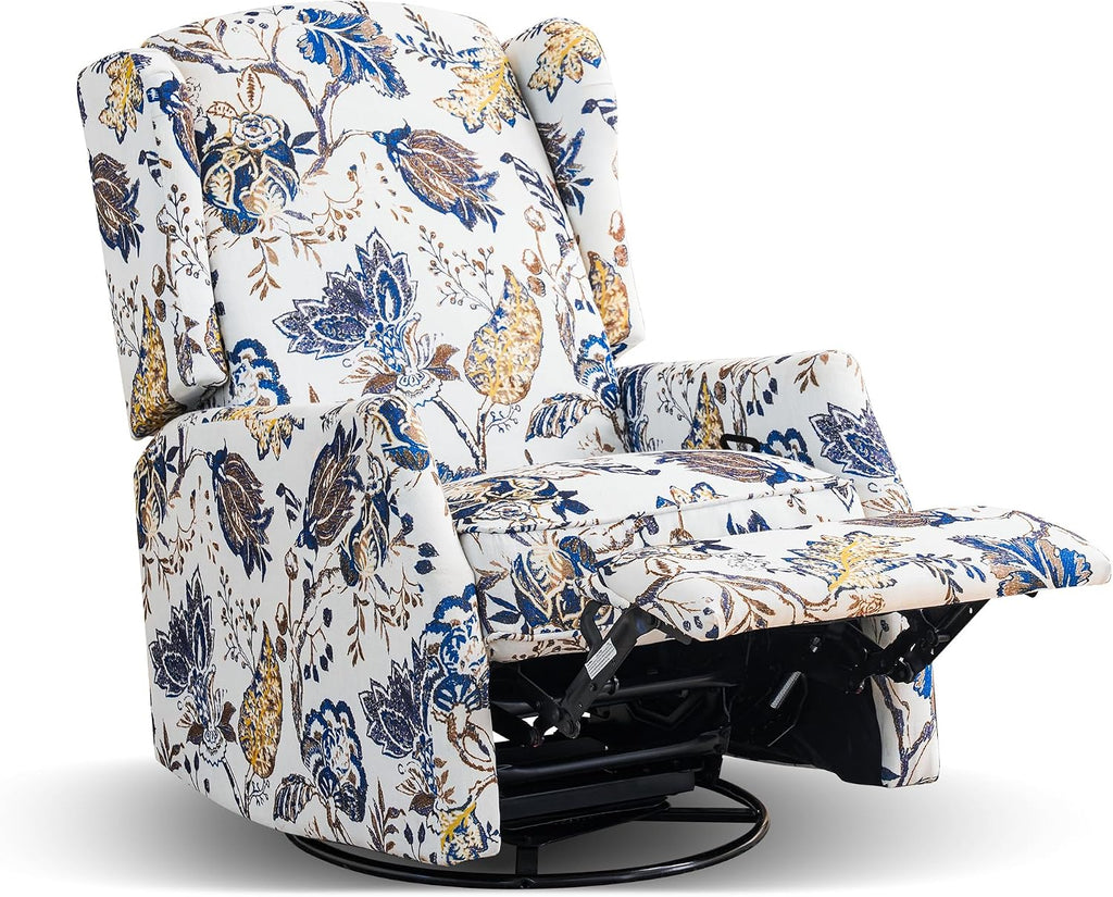 Swivel Rocker Recliner Chair, 360° Swivel Recliner with Rocking & Manual Push-Back Recline, Floral Wingback Glider Recliner for Nursery, Living Room, Bedroom, Adjustable Backrest & Footrest (Blue)
