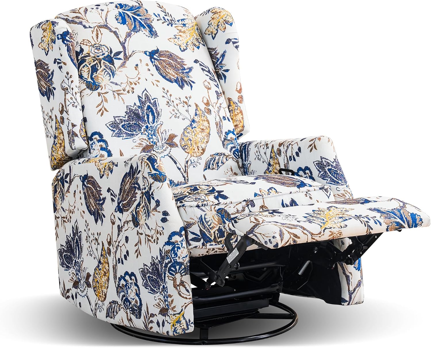 Swivel Rocker Recliner Chair, 360° Swivel Recliner with Rocking & Manual Push-Back Recline, Floral Wingback Glider Recliner for Nursery, Living Room, Bedroom, Adjustable Backrest & Footrest (Blue)
