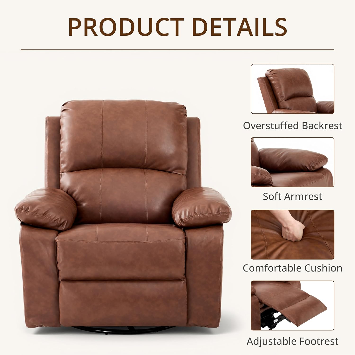 360° Swivel Rocking Leather Recliner Chair for Adults, Overstuffed Manual Recliner with Spring Cushion, Glider Rocking Nursery Single Sofa with Side Pockets for Living Room, Camel