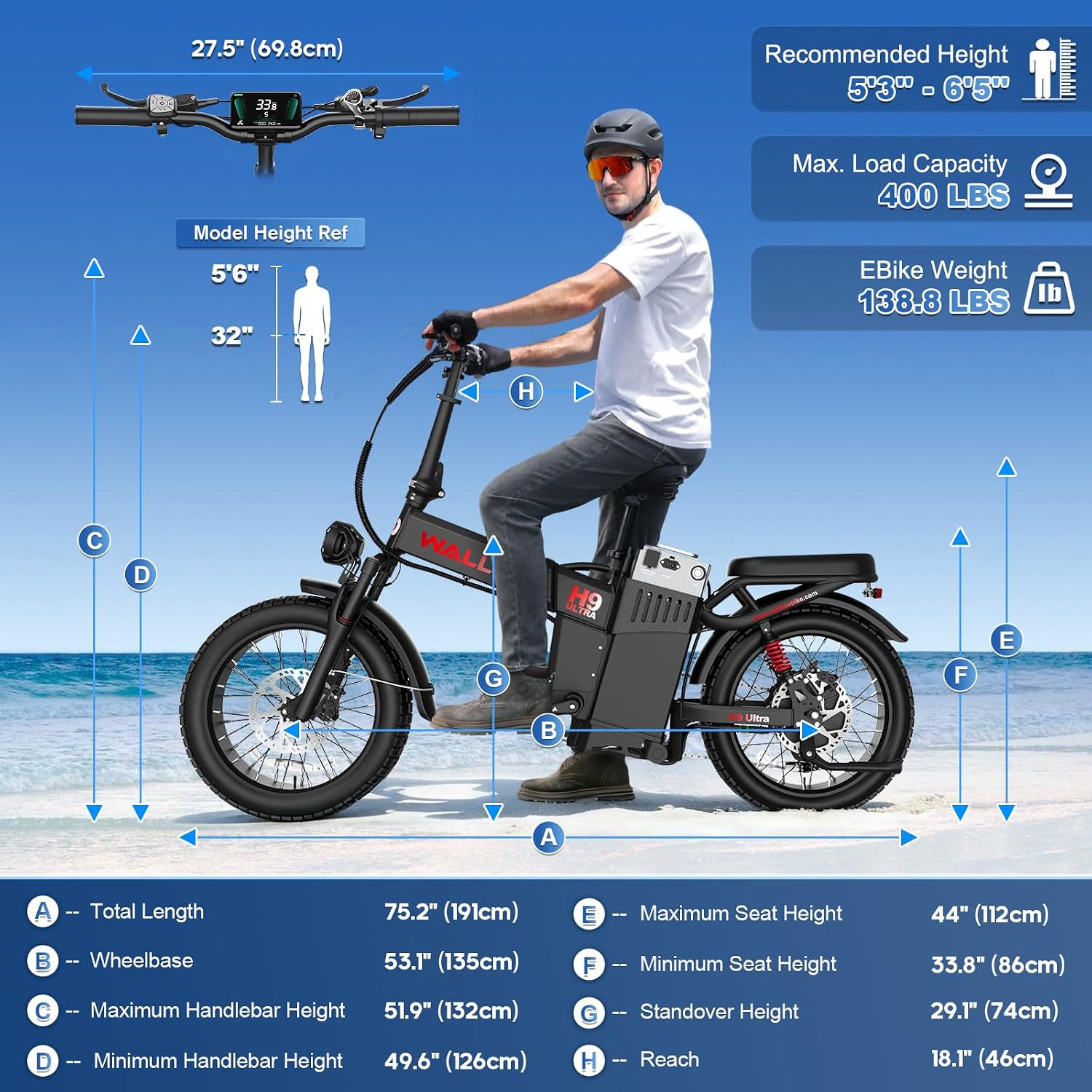Wallke H9 ULTRA HIGH-END Long Range Electric Bike for Adults, 55Ah 2640Wh Solar Power Hub Battery,105NM 40MPH Fast Ebike Torque Sensor,ARISUN Fat Tire E Bike for Camping Hunting Commute Fitness, Black