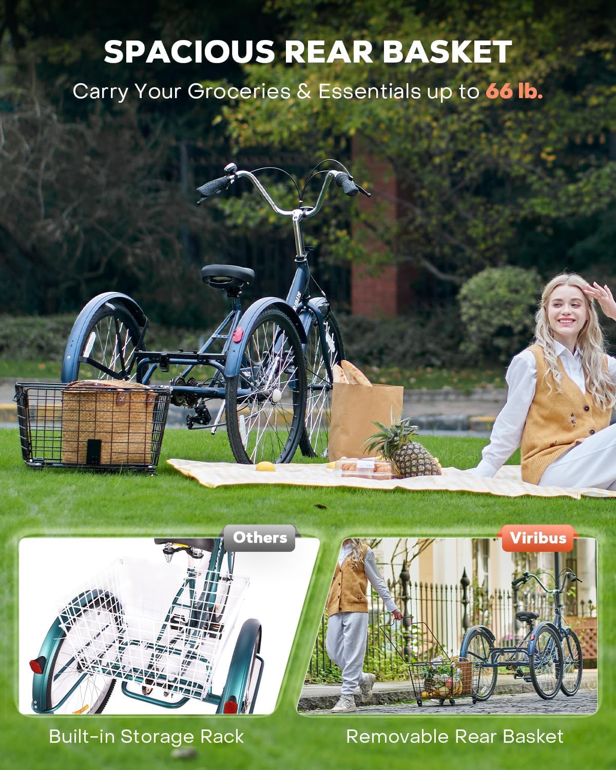 VIRIBUS Folding Tricycle for Adults, 7 Speed Foldable Adult Tricycle with Removable Wheeled Basket, Folding 3 Wheel Bikes for Women Men Seniors 24 26 inch, Collapsible Three Wheeler Trike 330 LB.