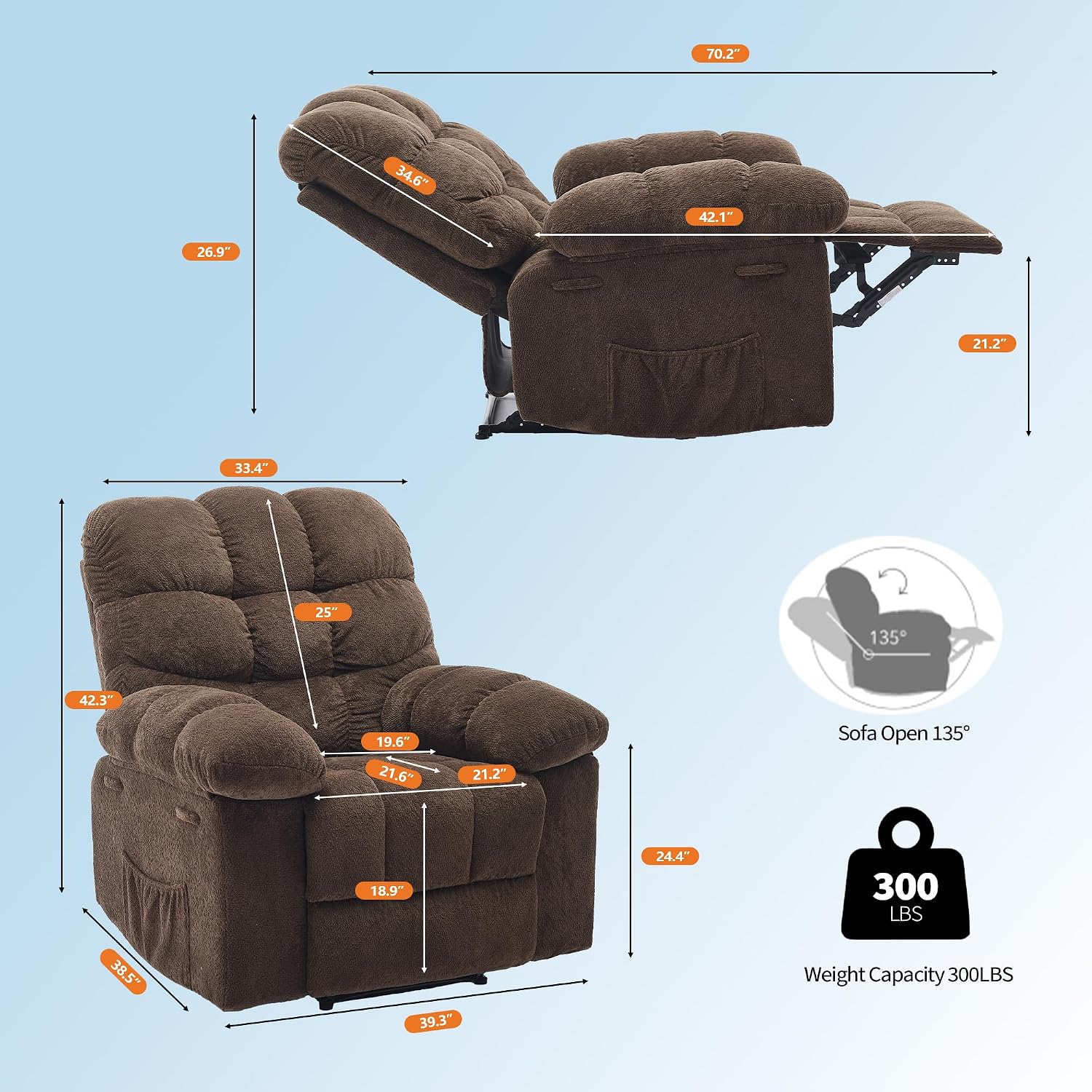 Manual Recliner Chair for Living Room, Overstuffed Fabric Reclining Sofa with Side Pockets, Ergonomic Upholstered Lazy Chair with Q235 Steel Frame for Adults (Brown)