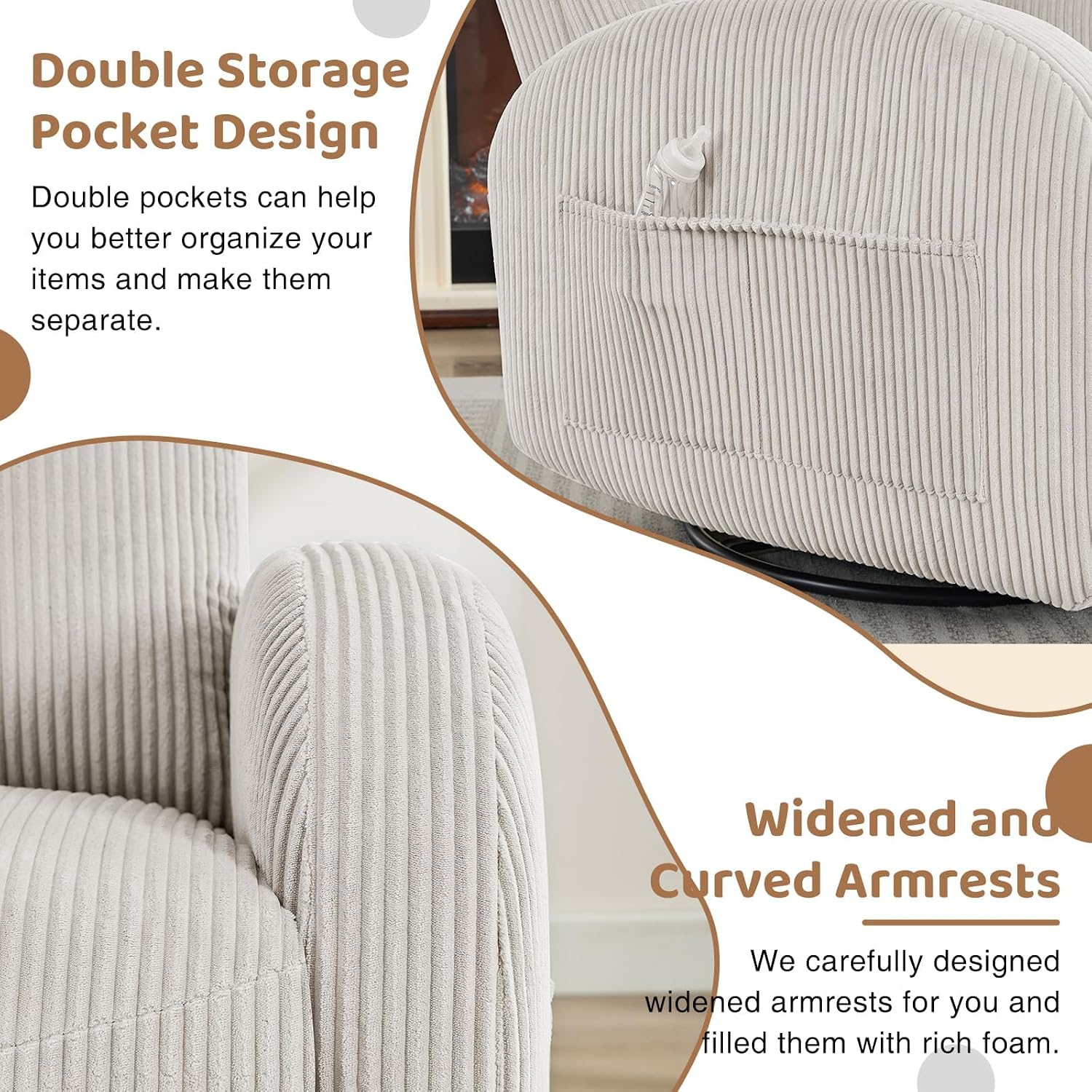Swivel Rocker Recliner for Nursery, Glider Recliner Nursery Chair, Rocking Recliner Chairs with Double Pockets for Living Room, Camel Corduroy