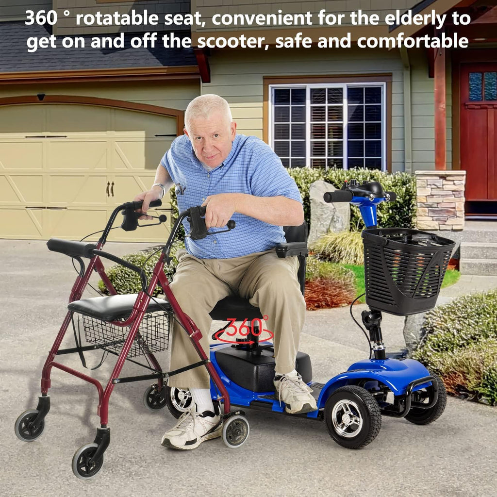 4 Wheel Mobility Scooters for Adults，Collapsible Compact Electric Scooter，Heavy Duty Powered Mobile Wheelchair Device with Lights，Basket and Long-Lasting Battery（Blue）