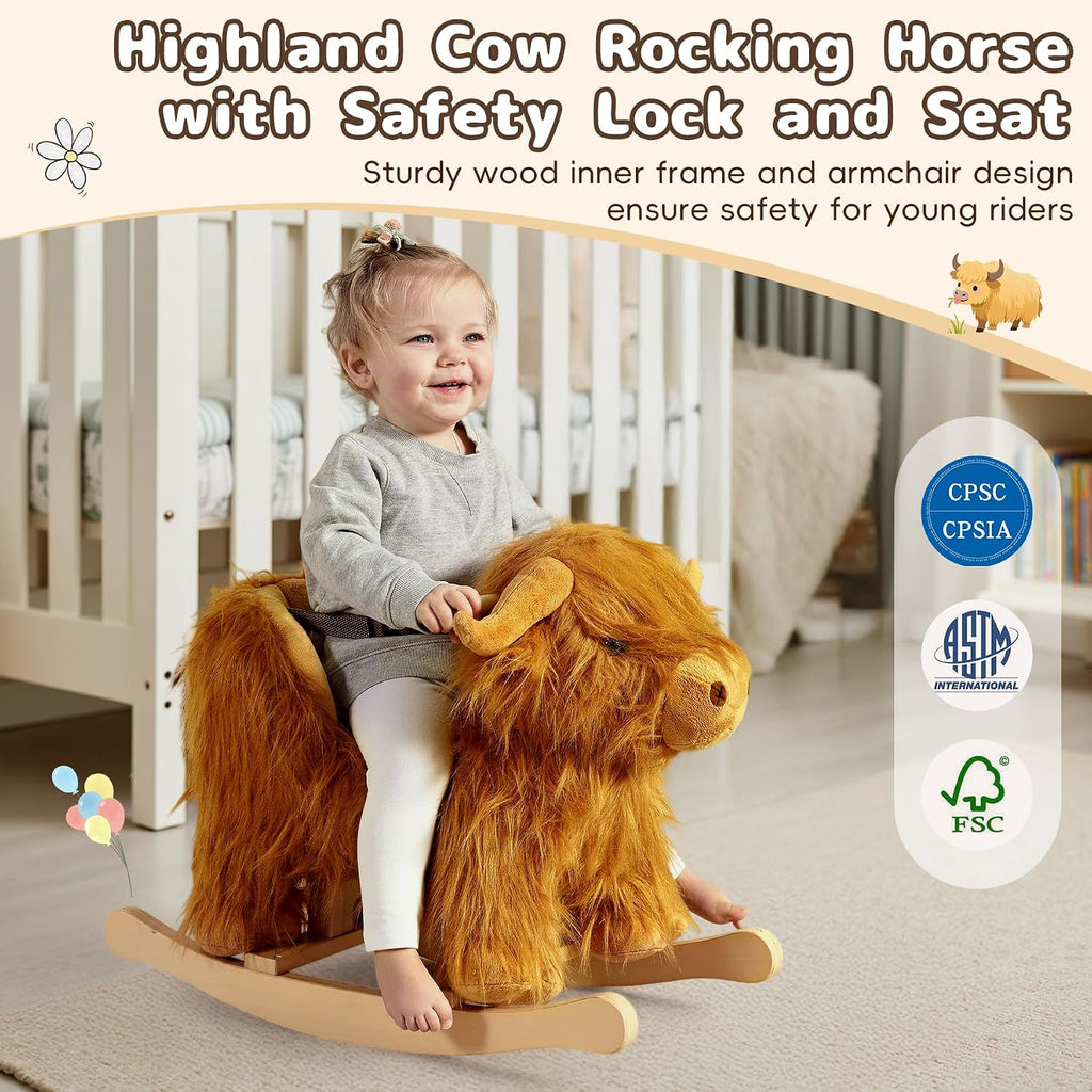 Baby Rocking Horse,Highlander Cattle Wooden Rocking Horse for Toddlers 1 Year Old Cute Cow Stuffed Plush Ride-on Toy Rocking Animal for Baby Boys and Girls Nursery/Child Christmas or Birthday Gift