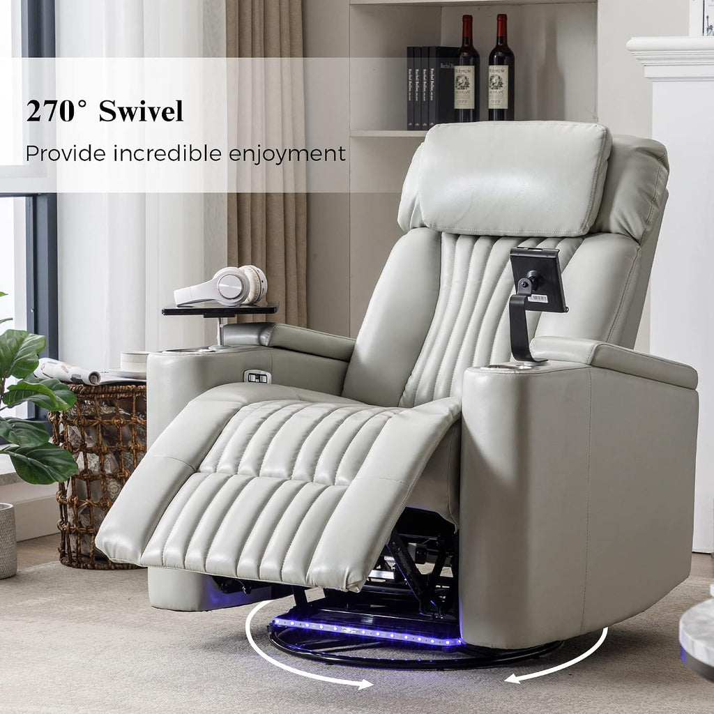 Recliner Chair, 270° Power Swivel Recliner Chair with 360° Swivel Tray Table and Cell Phone Holder, Cup Holder, Home Theater Seating with Hidden Arm Storage, Soft Living Room Chair (Gray/27)