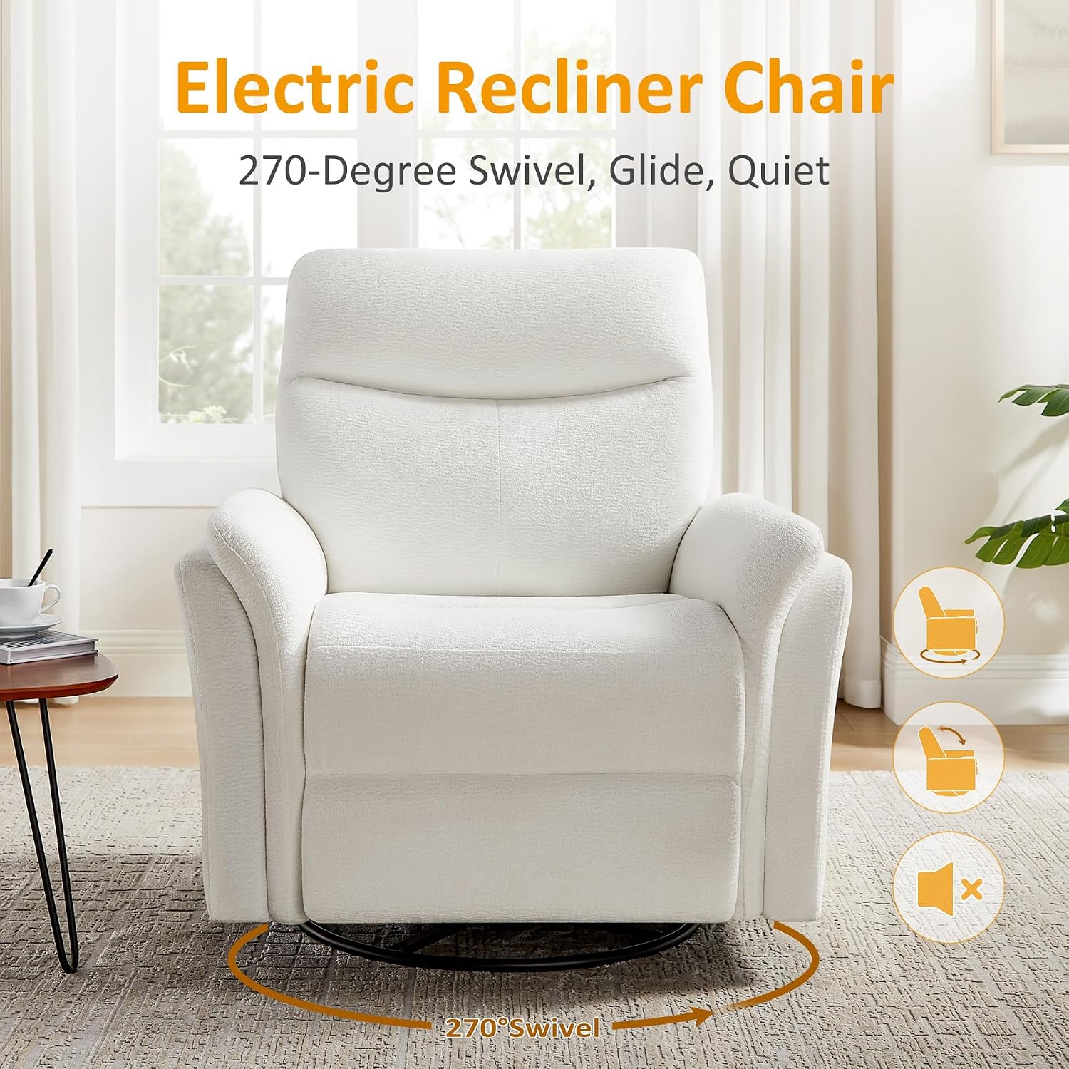 VANOMi Power Recliner Chair Swivel Glider, Electric Rocking Recliner Chairs with USB and Type-C Ports, Nursery Chair Recliner for Living Room, Bedroom, Apartment（White）