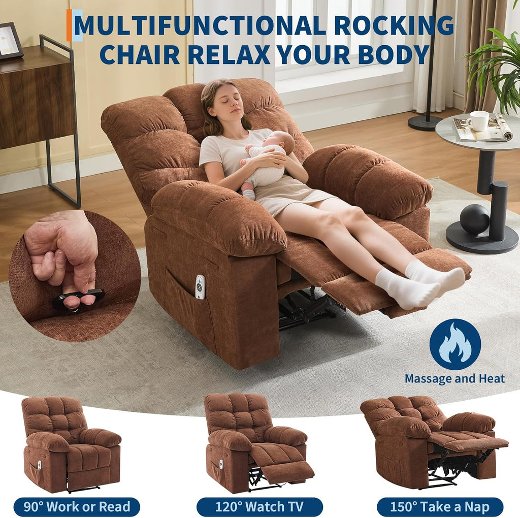 Recliner Rocking Chair with Massage & Heat, Wide Overstuffed Fabric Recliner with Breathable Upholstery, Ergonomic Design, 2 Side Pockets & Remote Control for Living Room or Bedroom (Brown)