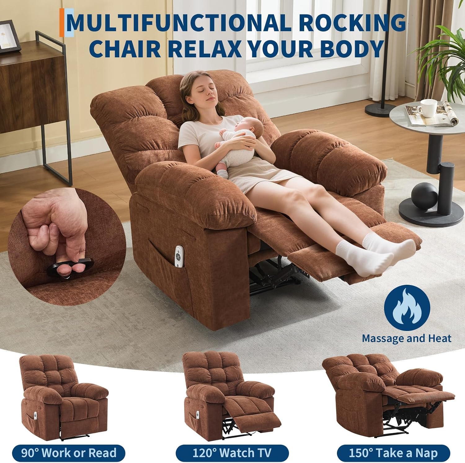 Recliner Rocking Chair with Massage & Heat, Wide Overstuffed Fabric Recliner with Breathable Upholstery, Ergonomic Design, 2 Side Pockets & Remote Control for Living Room or Bedroom (Brown)