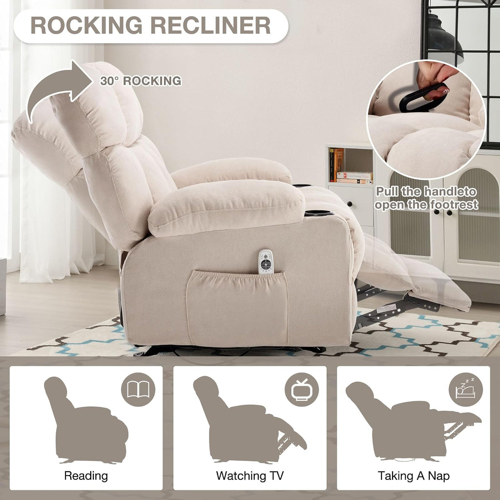 Massage Rocker Recliner Chair with Heat and Vibration Ergonomic Rocking Lounge Chair for Living Room Comfy Overstuffed Recliner with 4 Side Pockets, 2 Cup Holders, Beige