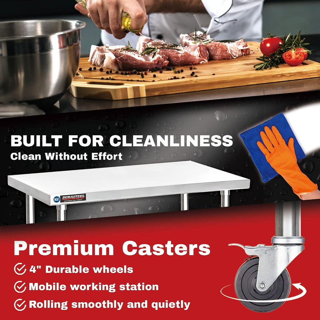 DuraSteel 30x18 NSF Stainless Steel Cart Work Table - Heavy Duty Rolling Food Prep Table - Metal Utility Cart on Wheels Caster, Grill Stand Microwave Outdoor Kitchen Tables Countertop Island Large Top