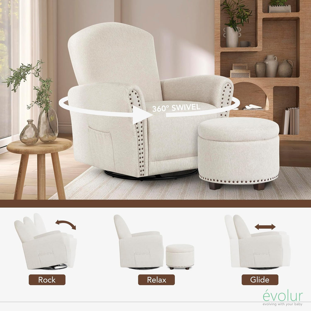 Evolur Vienna Swivel Glider with Ottoman, FSC Certified, Greenguard Gold and JPMA Certified Glider Rocking Chair, 360° Swivel Motion, Ergonomic Design Nursery Glider, Sweet Cream