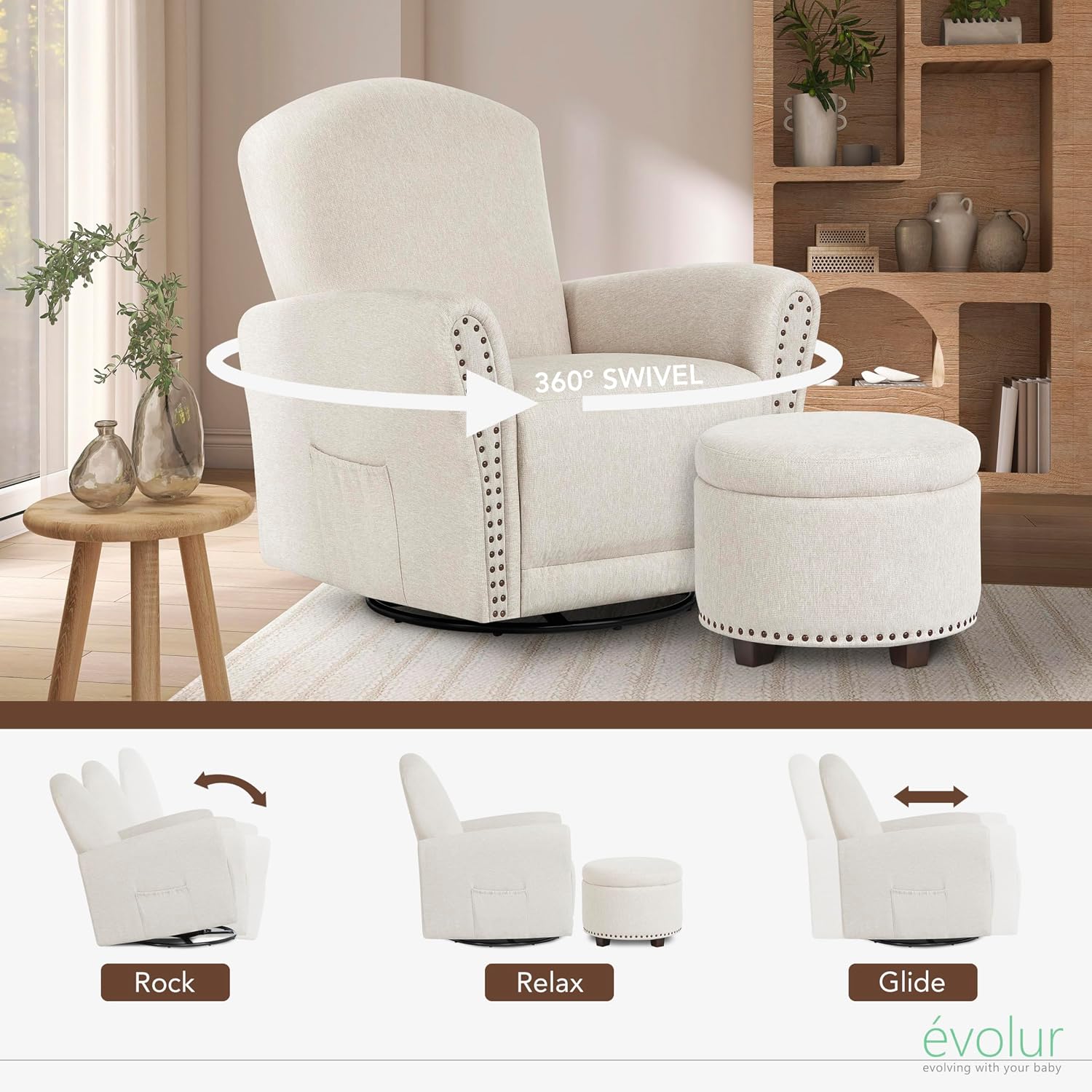 Evolur Vienna Swivel Glider with Ottoman, FSC Certified, Greenguard Gold and JPMA Certified Glider Rocking Chair, 360° Swivel Motion, Ergonomic Design Nursery Glider, Sweet Cream