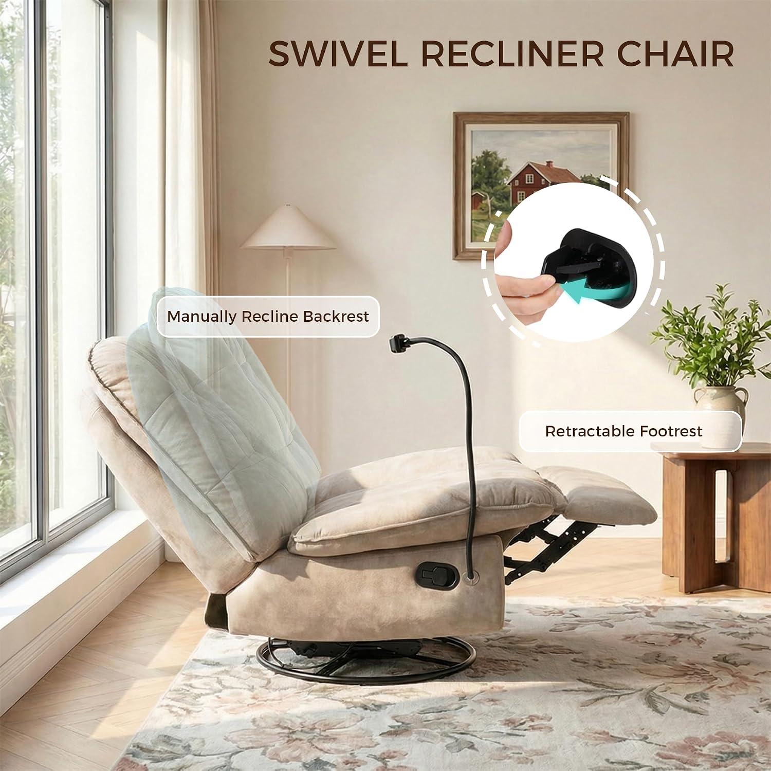 Swivel Rocker Recliner Chair for Adult, Glider Nursery Rocking Chair, Armless Manual Single Recliner Sofa for Living Room, Oversized & Overstuffed, Phone Holder Included, Beige Velvet