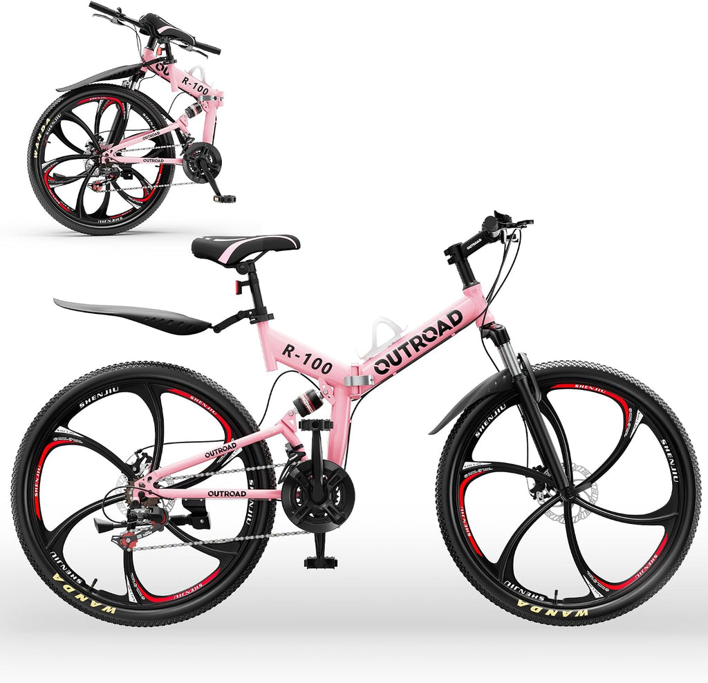 26 Inch Adult Folding Bikes/Mountain Bikes, 21 Speeds Mountain Bicycles with Full Suspension, Dual Disc Brake, High Carbon Steel Frame, Foldable Bike for Men/Women/Teen, Multiple Colors