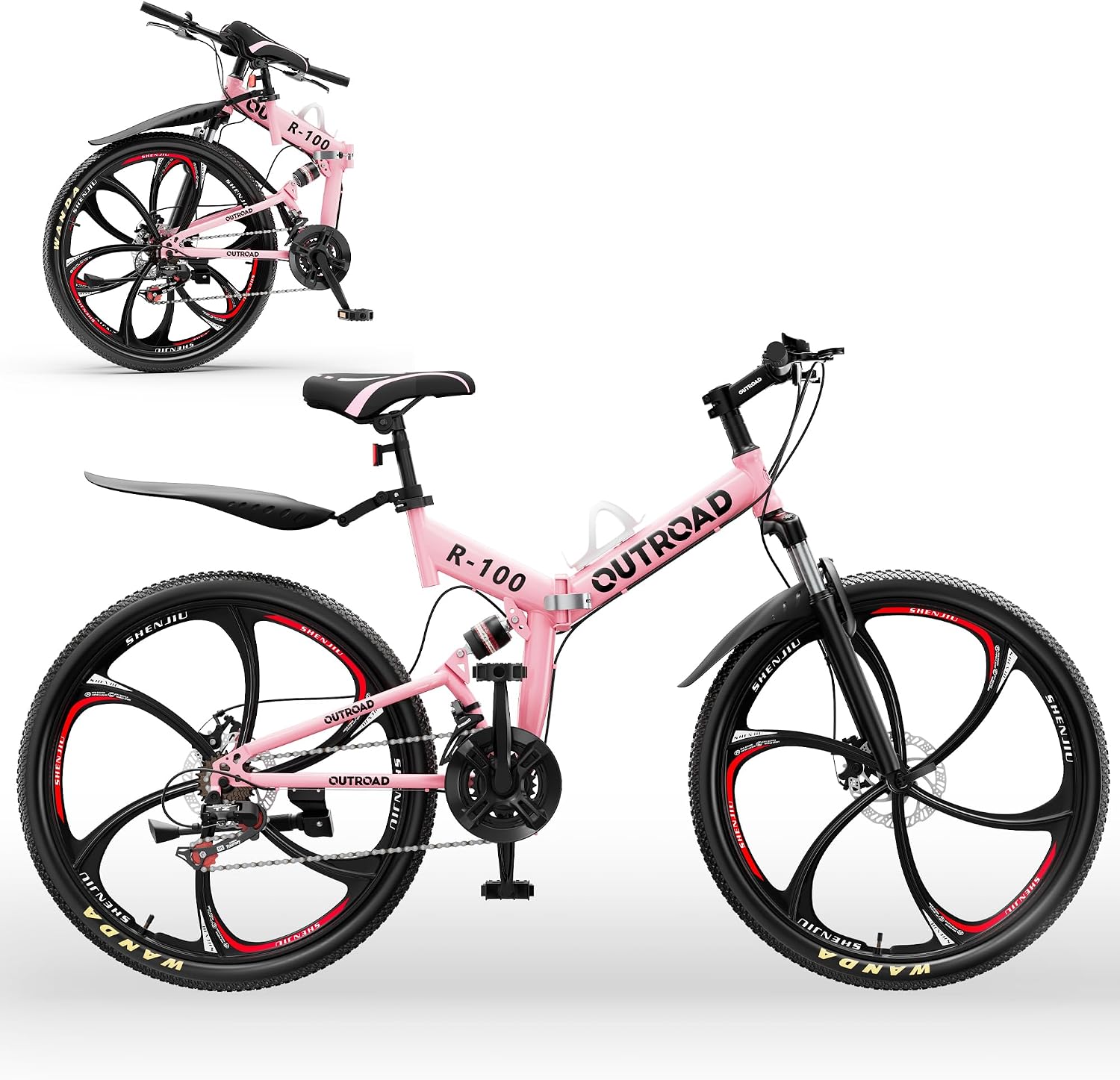 26 Inch Adult Folding Bikes/Mountain Bikes, 21 Speeds Mountain Bicycles with Full Suspension, Dual Disc Brake, High Carbon Steel Frame, Foldable Bike for Men/Women/Teen, Multiple Colors