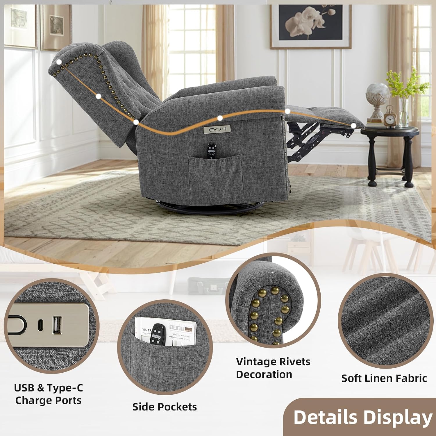Power Swivel Rocking Glider Recliner Chair with Massage and Heat, Electric Nursery Glider Rocker for Living Room, Wingback Tufted Upholstered Recliner Chair with Type-C & USB Ports, Grey