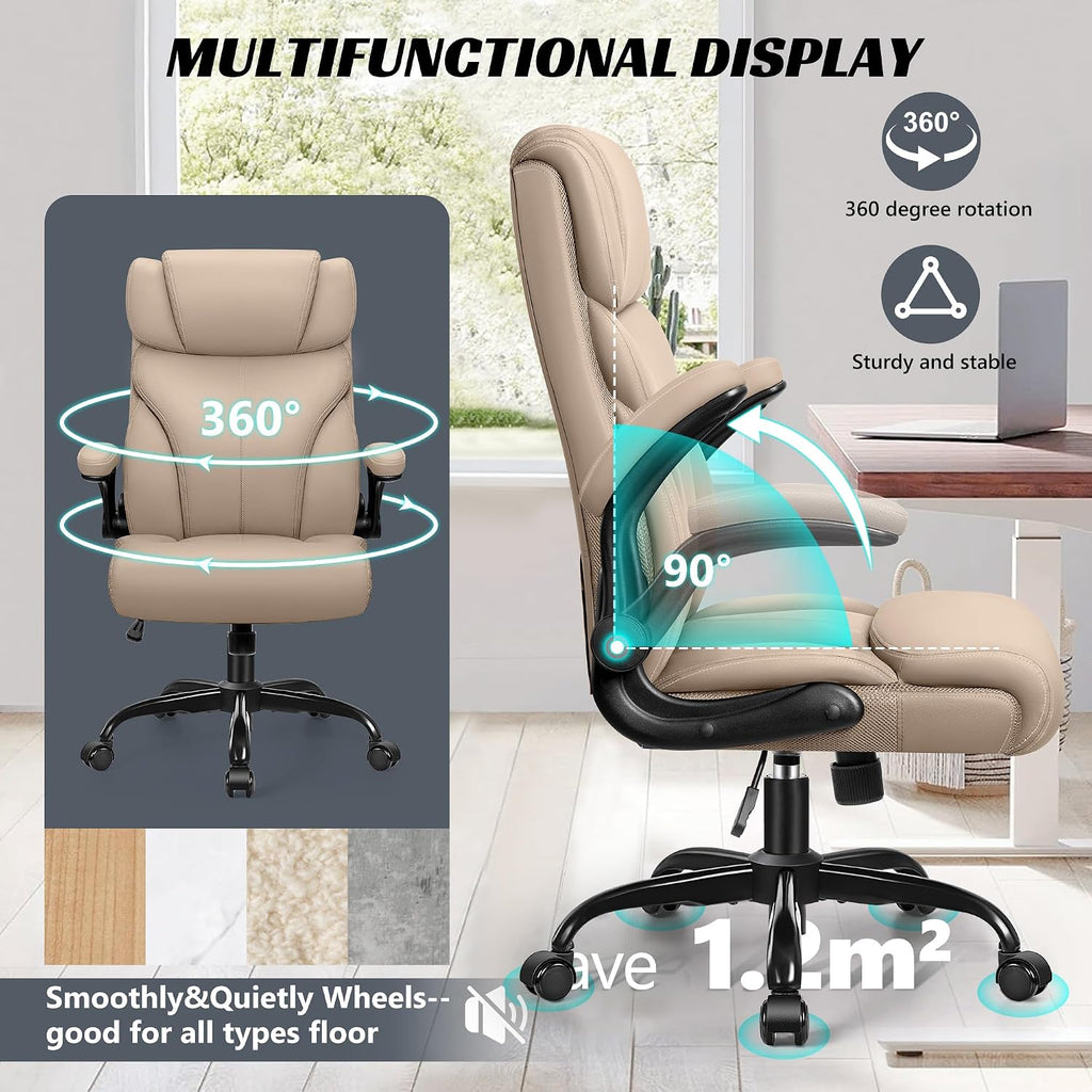 HeroSet Office Chair, Ergonomic Big and Tall Computer Desk Chairs, Executive Breathable Leather Chair with Adjustable High Back Flip-up Armrests, Lumbar Support Swivel PC Chairs with Rocking Function