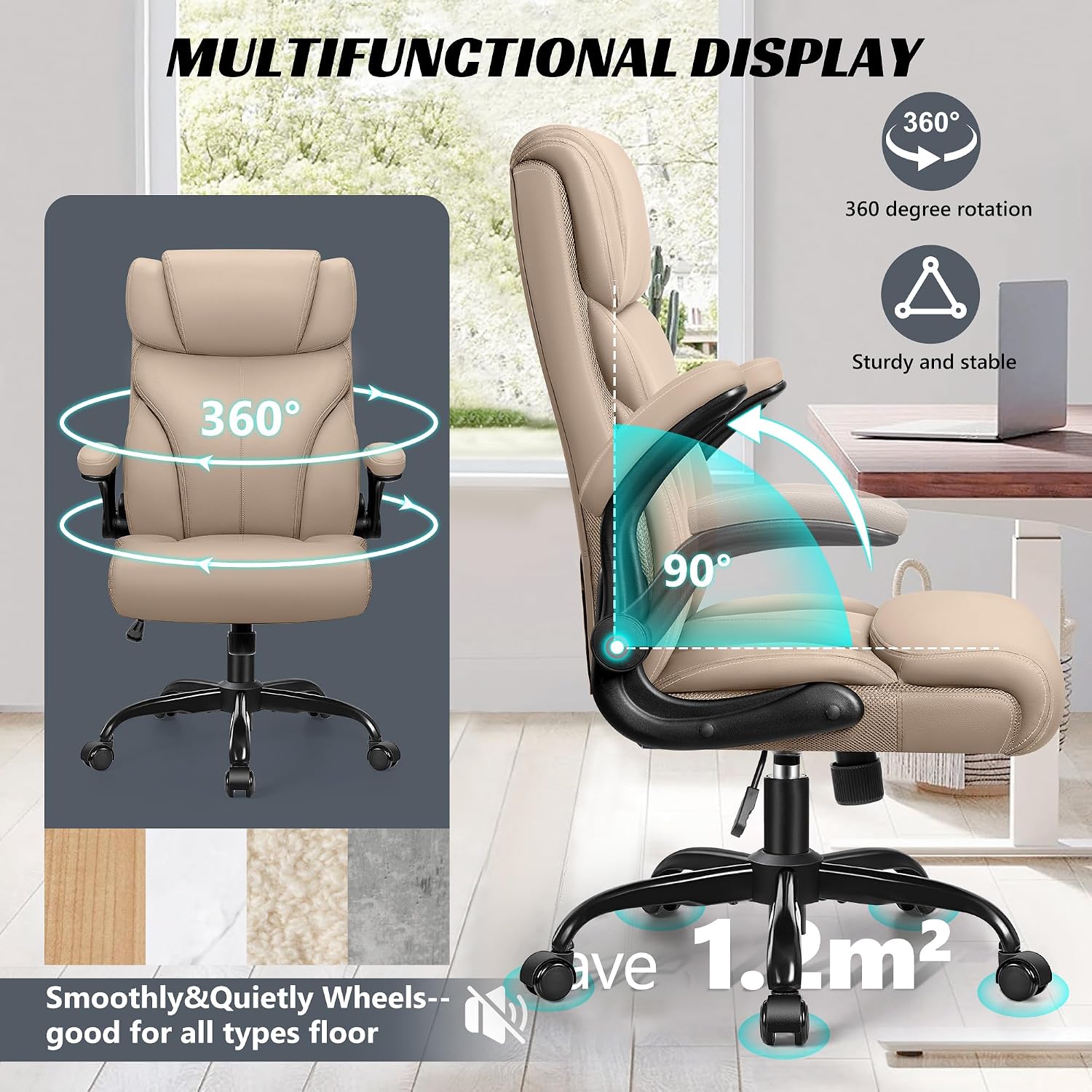 HeroSet Office Chair, Ergonomic Big and Tall Computer Desk Chairs, Executive Breathable Leather Chair with Adjustable High Back Flip-up Armrests, Lumbar Support Swivel PC Chairs with Rocking Function