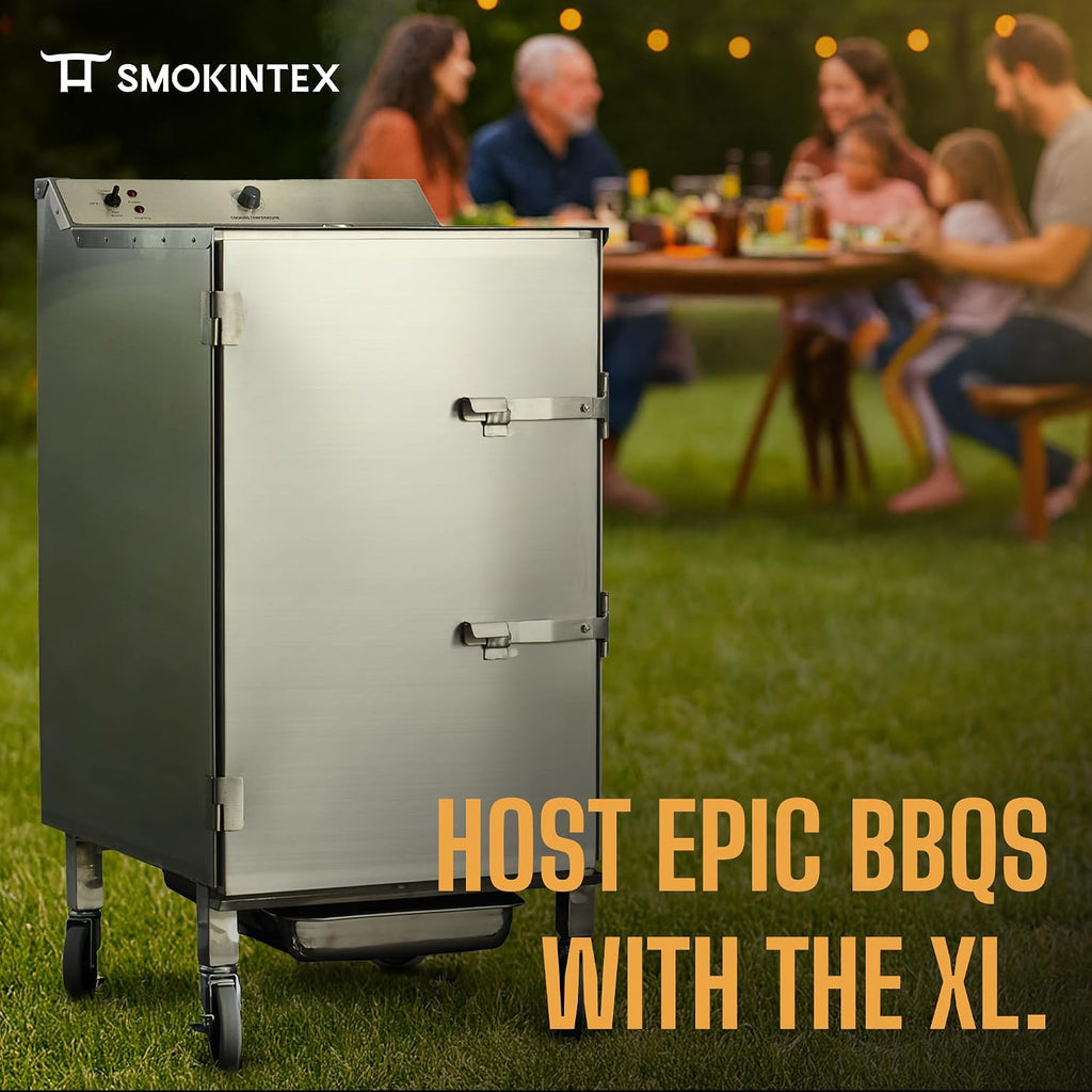 SmokinTex 'The Pitmaster' Series High-Capacity Electric Smoker – 700W Stainless Steel Meat Smoker, Temperature Control for Meat, Seafood, Vegetables, BBQ – Portable with Locking Wheels