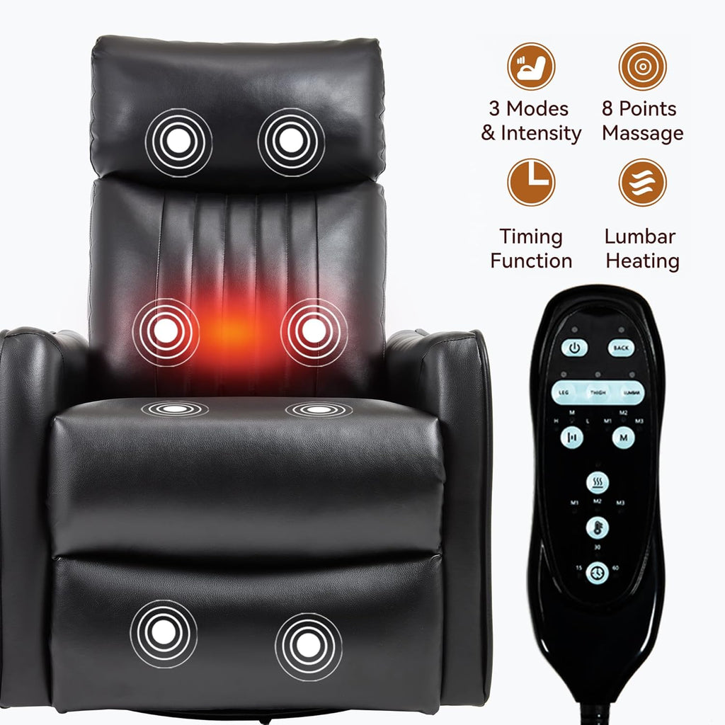 PELUMY 360 Swivel Rocking Recliner Chair for Adults, Nursery Rocking Chair with Heat and Massage, Glider Reclining Chair for Small Space, Living Room, Bedroom, Black, Multiple Line Backrest, Fabric