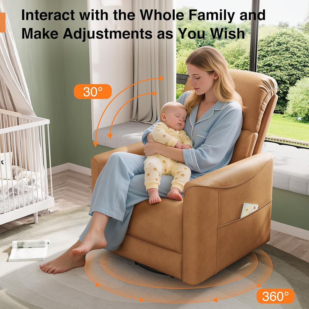 Welzona Power Swivel Rocker Recliner, 360° Swivel Nursery Rocking Chair, PU Leather Glider Rocking Recliner, Infinite Position Electric Chair for Adults with USB Port for Living Room, Amber Yellow