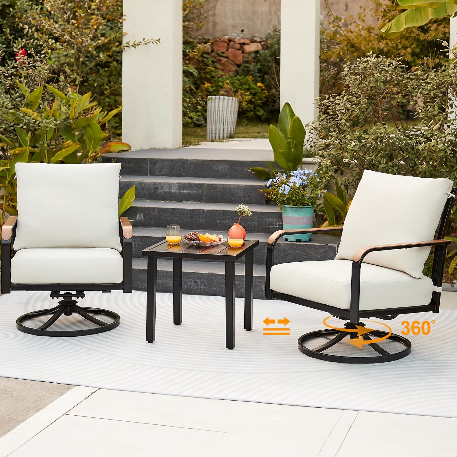 NATURAL EXPRESSIONS Outdoor Bistro Set,3 Piece Swivel Glider Rocking Chairs Patio Conversation Furniture Set with 2 Rockers,Metal Table,6' Thick Cushions for Backyard, Porch,Balcony,350lbs