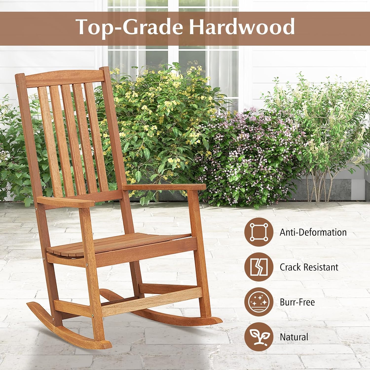 Tangkula Outdoor Rocking Chairs Set of 2, Heavy Duty High Back Patio Wood Rockers with Folding Table, for Backyard, Terrace, Poolside and Lawn