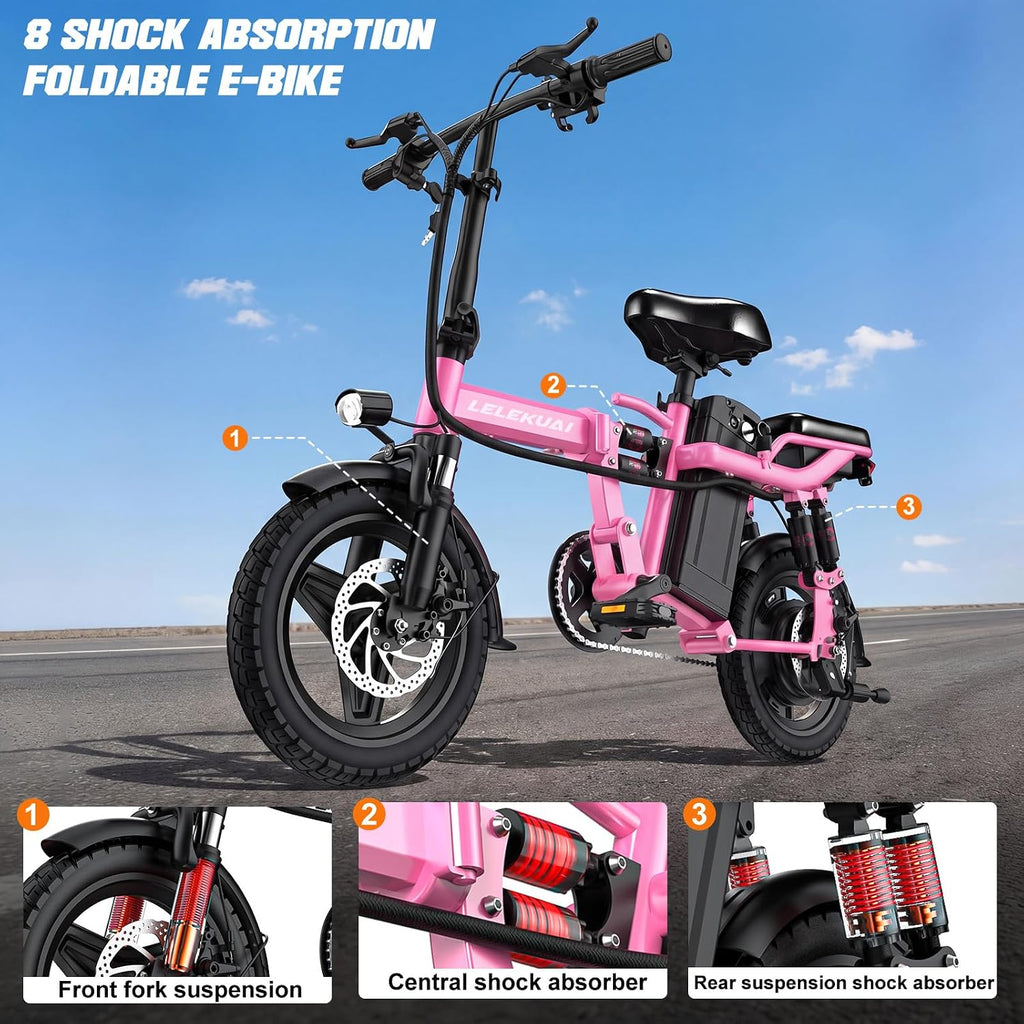 Heavy-Duty Foldable Electric Bike for Adults with 7 Shock Suspension, 500+ lbs Capacity, 740W Motor, 25MPH, 720Wh Battery, 20-Mile Range, 14' Fat Tires Commuter Bicycle for Road & Mountain Riding