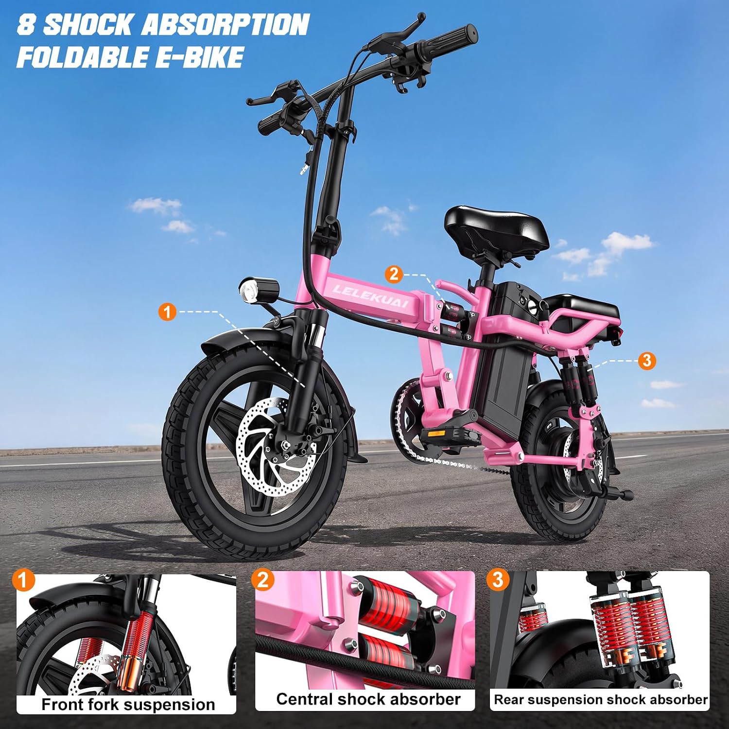 Heavy-Duty Foldable Electric Bike for Adults with 7 Shock Suspension, 500+ lbs Capacity, 740W Motor, 25MPH, 720Wh Battery, 20-Mile Range, 14' Fat Tires Commuter Bicycle for Road & Mountain Riding
