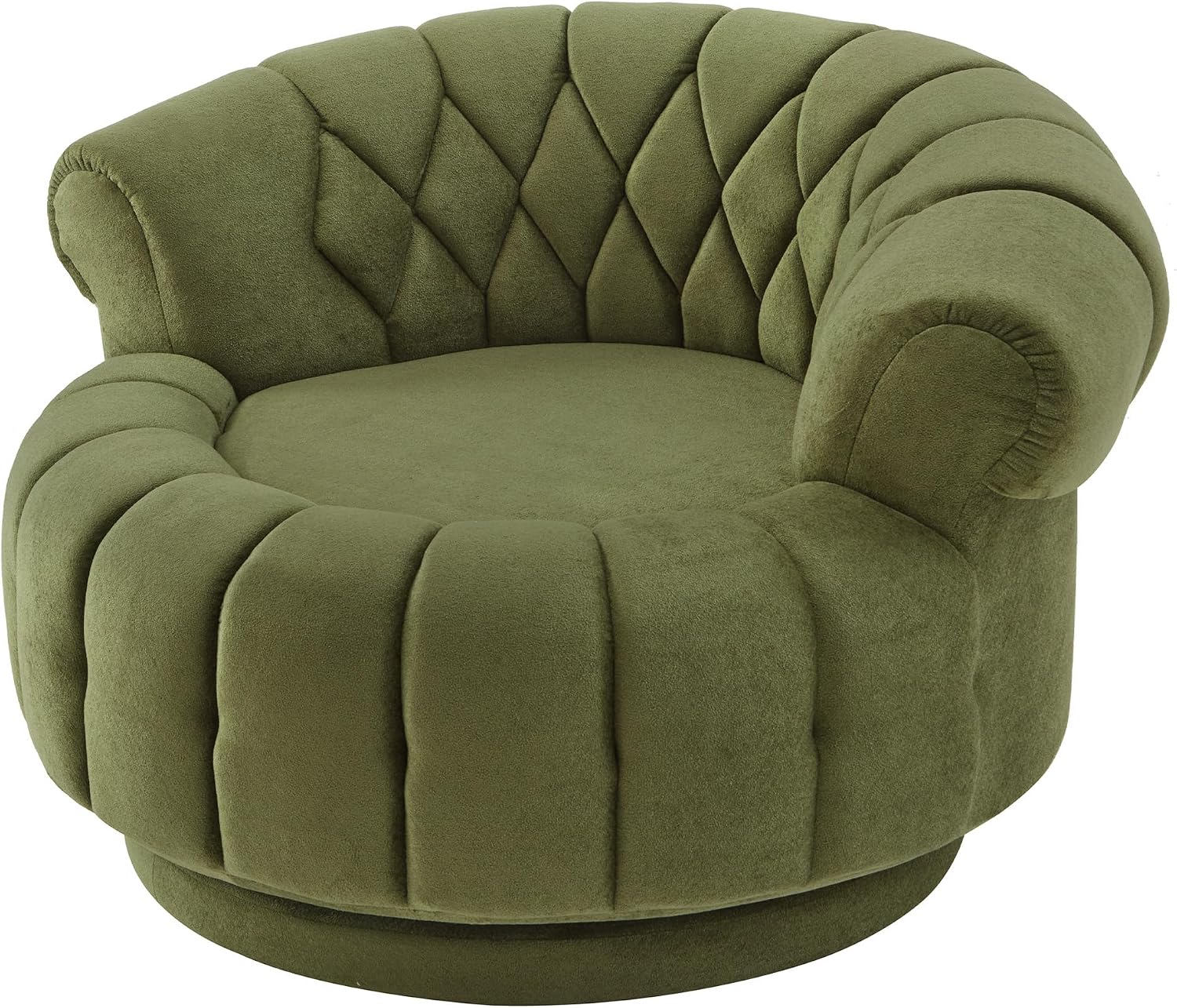 360° Swivel Accent Chair, Chenille Fabric Barrel Swivel Chair Round Club Chair with Curved Armrests & Thick Cushioning, Stylish Channel-Tufted & Diamond-Quilted Backrest for Living Room (Green,02)