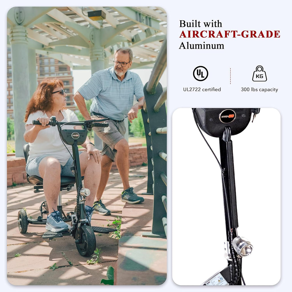 SNAPnGO Three Wheel Portable Mobility Scooter for Adults - Aircraft-Grade Aluminum, Top Speeds of 5 mph & 13-Mile Range - Folding & Foldable Scooter - Airline Approved Electric Sit Down Scooter