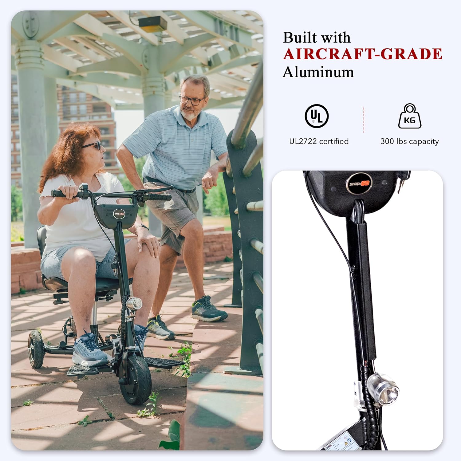SNAPnGO Three Wheel Portable Mobility Scooter for Adults - Aircraft-Grade Aluminum, Top Speeds of 5 mph & 13-Mile Range - Folding & Foldable Scooter - Airline Approved Electric Sit Down Scooter