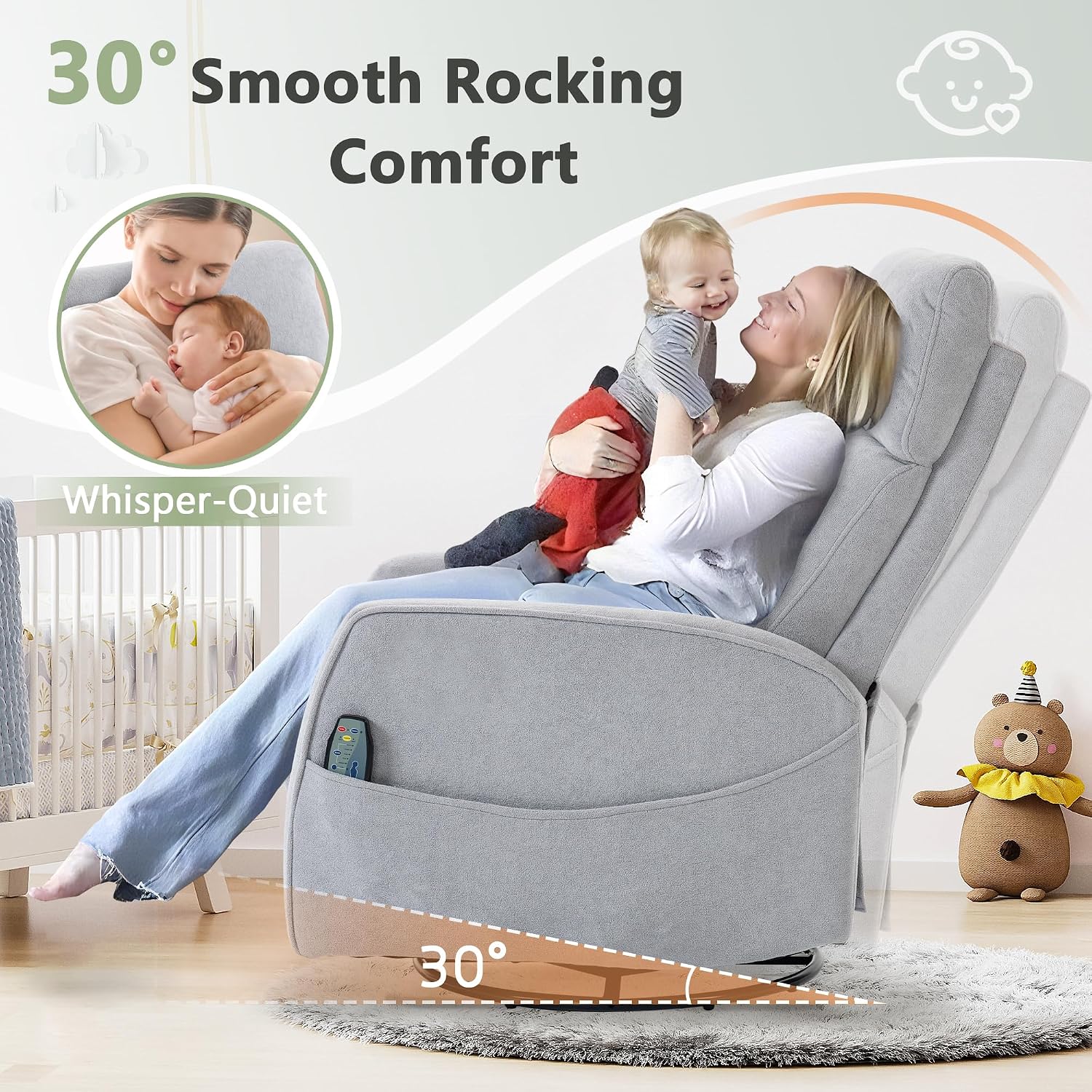 cinkehome Heated Massage Swivel Rocker Recliner Chair for Nursery - Small Space Reclining Chair with Lumbar Support, 360° Swivel & Gentle Rocking, Ergonomic High Back Short Plush Light Grey
