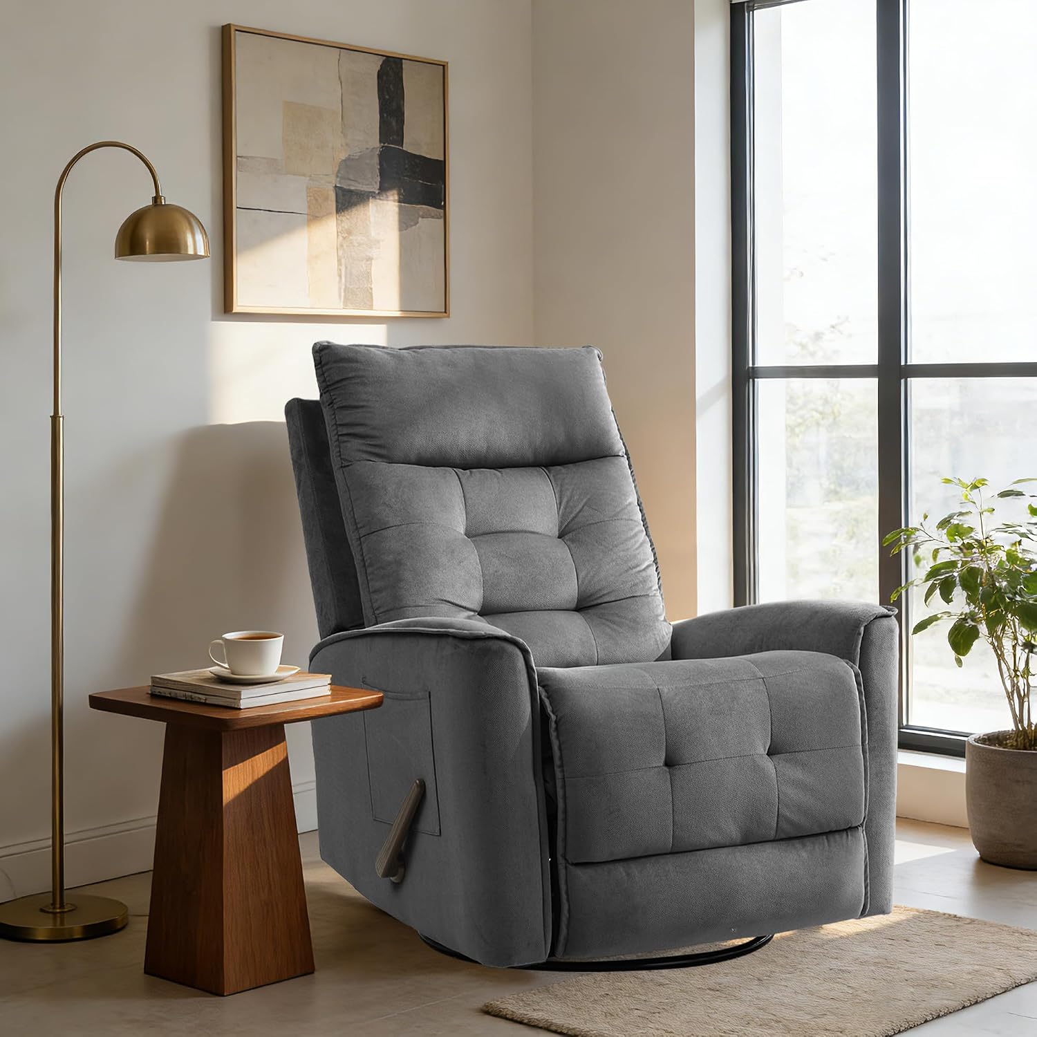 Swivel Rocker Recliner Chair, Rocking Chair, Small Swivel Recliner for Small Spaces, Living Room, RV(Dark Grey)