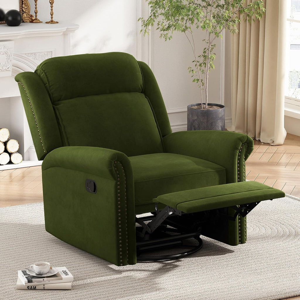 JIVOIT 360° Swivel Recliner Chair with Adjustable Backrest, Manual Rocking Recliner Home Theater Manual Recliner Chair with Metal Base and Velvet Fabric for Living Room (Green, 2)