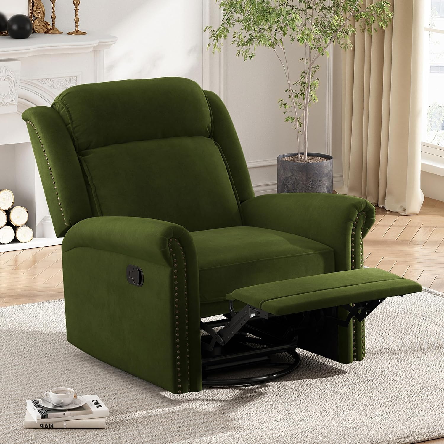 JIVOIT 360° Swivel Recliner Chair with Adjustable Backrest, Manual Rocking Recliner Home Theater Manual Recliner Chair with Metal Base and Velvet Fabric for Living Room (Green, 2)
