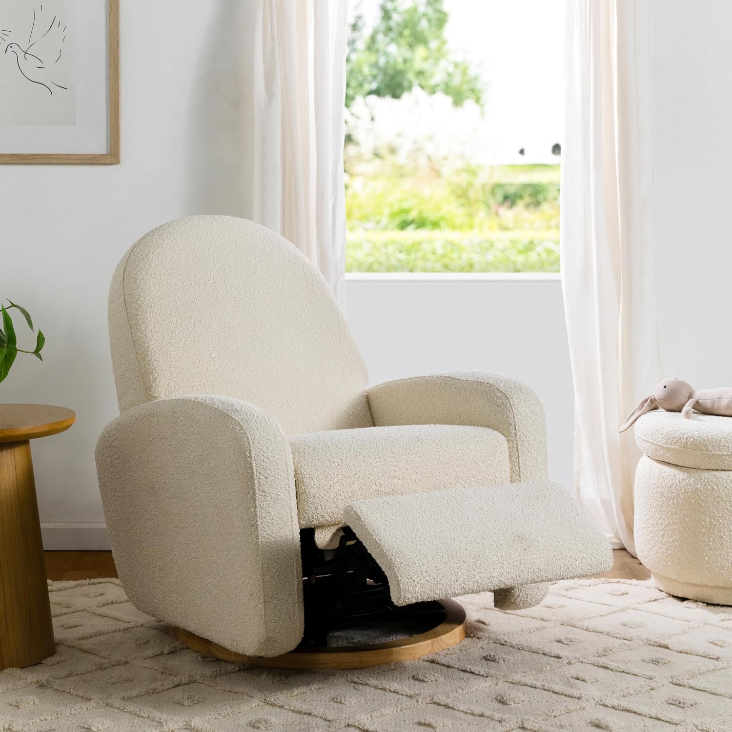 Babyletto Nami Electronic Power Recliner and Swivel Glider with USB Port in Ivory Boucle with Light Wood Base, Greenguard Gold and CertiPUR-US Certified
