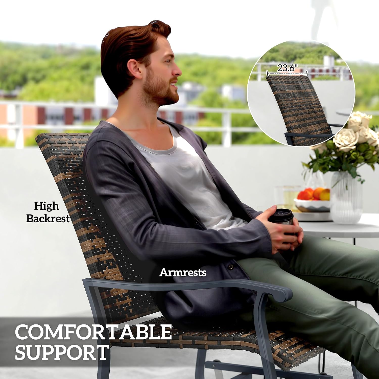 Outsunny Patio Glider Chair Set of 2, Wicker Rattan Outdoor Swivel Chair with Steel Frame, High Back, Armrests, Porch Glider with Adjustable Foot Pads for Garden, Lawn, Backyard, Brown