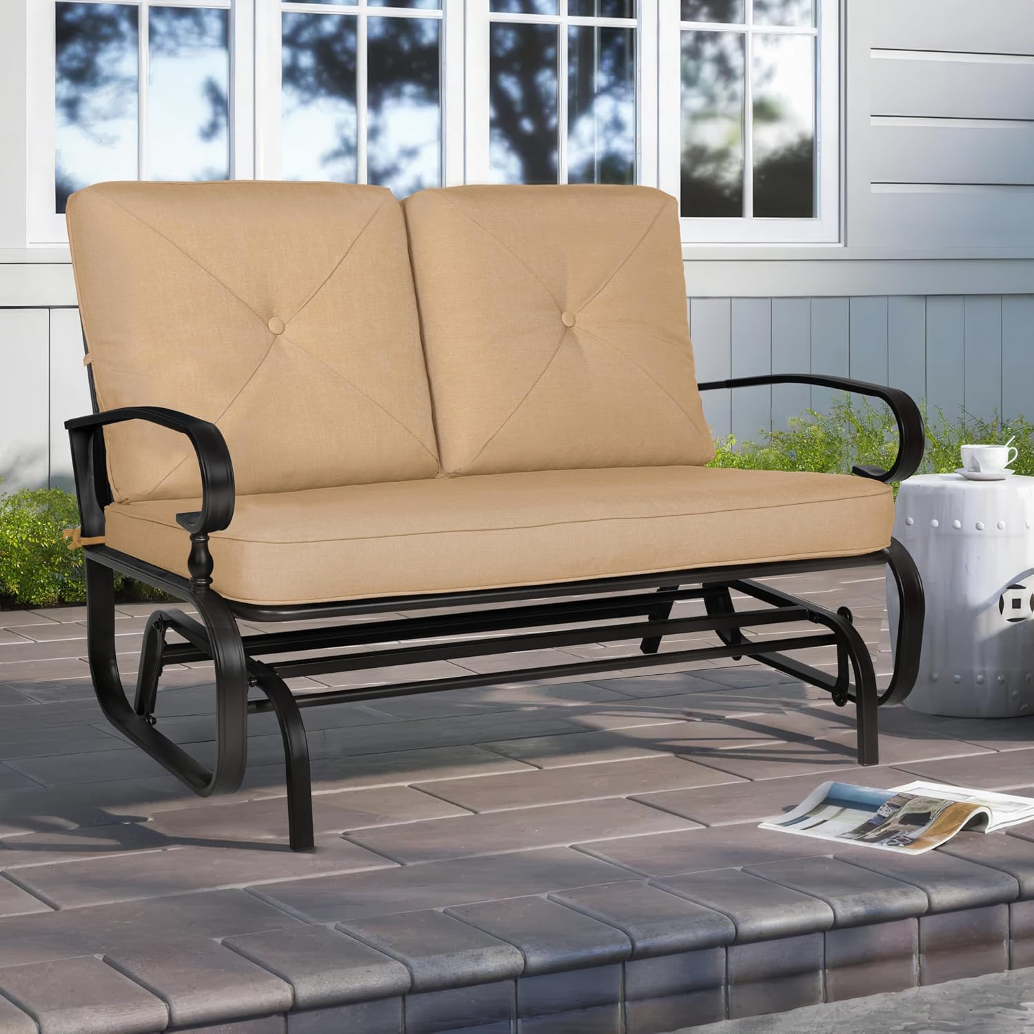 Crownland Outdoor Patio Glider Chair, Rocking Glider Bench for 2 Person, Porch Furniture Loveseat Seating, Wrought Iron Patio Gliders for Outside, Porch, Garden(Brown)