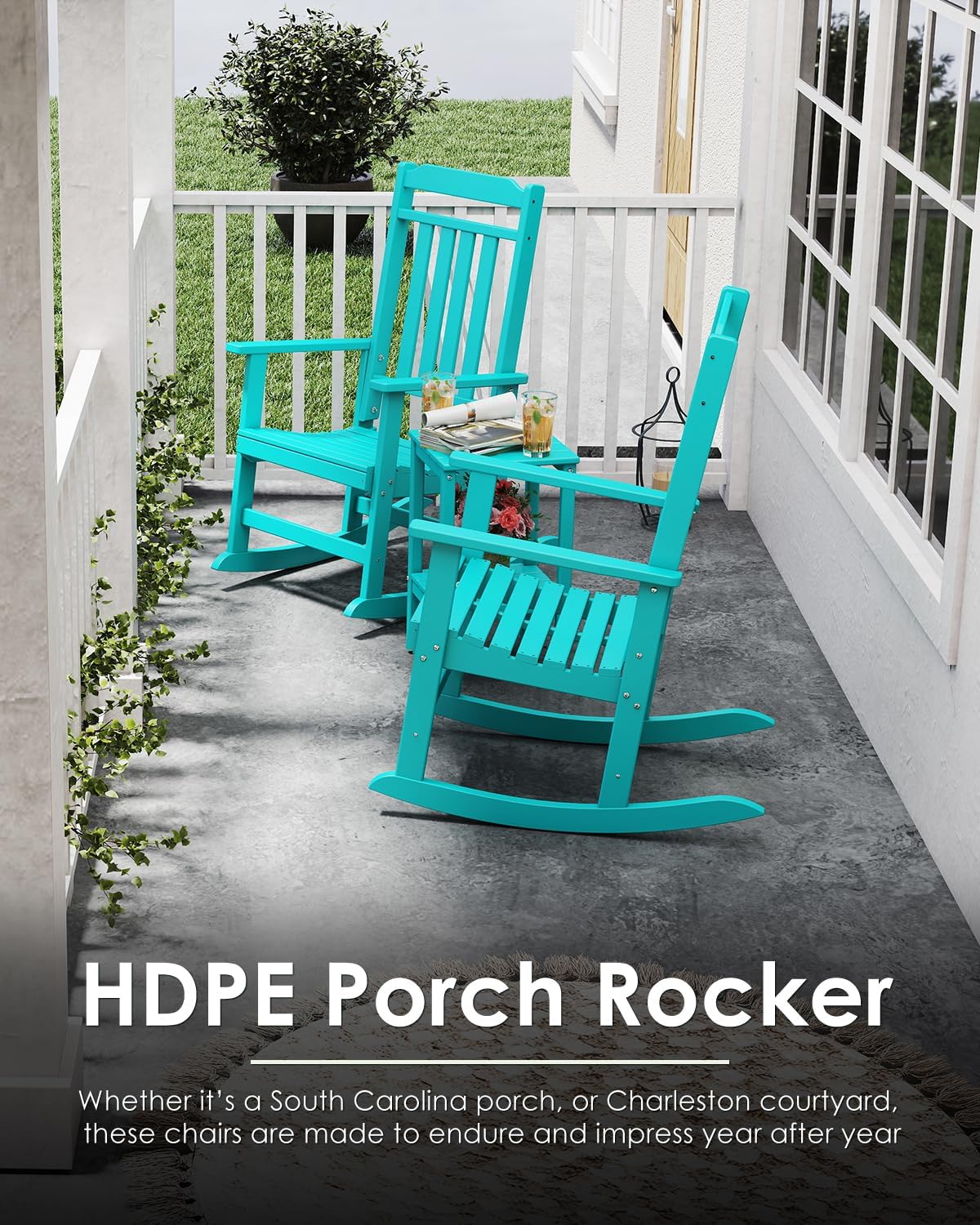 GREENVINES Outdoor-Rocking-Chair | HDPE Plastic | Patio Rockers | Porch Rocker Chairs | Oversized | High Back | Big & Tall | Aqua