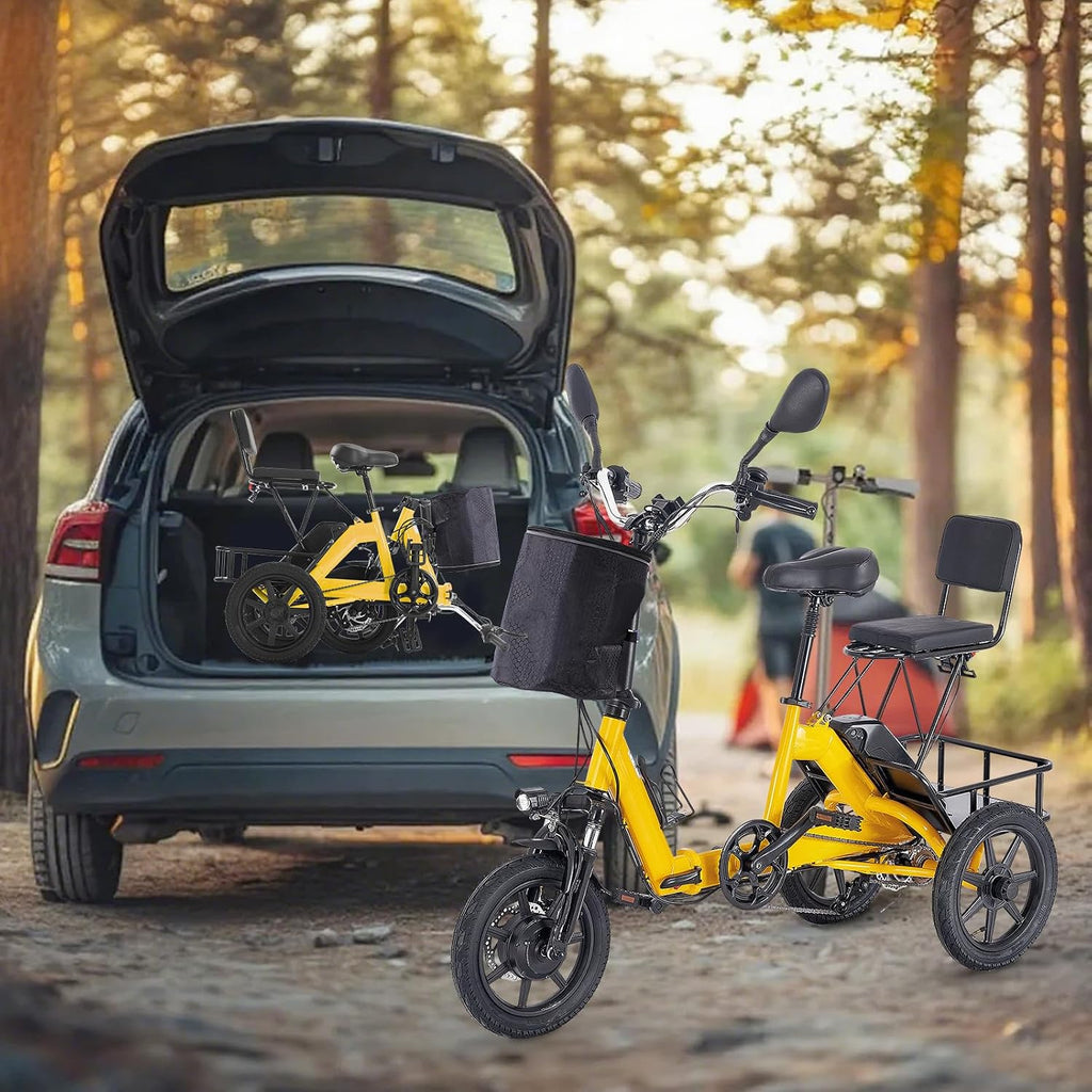 E Trike Electric Bike, 350W(Peak 500W) Brushless Motor Folding Trike, 2 Seats Ebike, 480Wh Removable Battery, Step-Thru 3 Wheel Electric Bicycle, Up to 45 Miles, Tricycle for Adults Parents