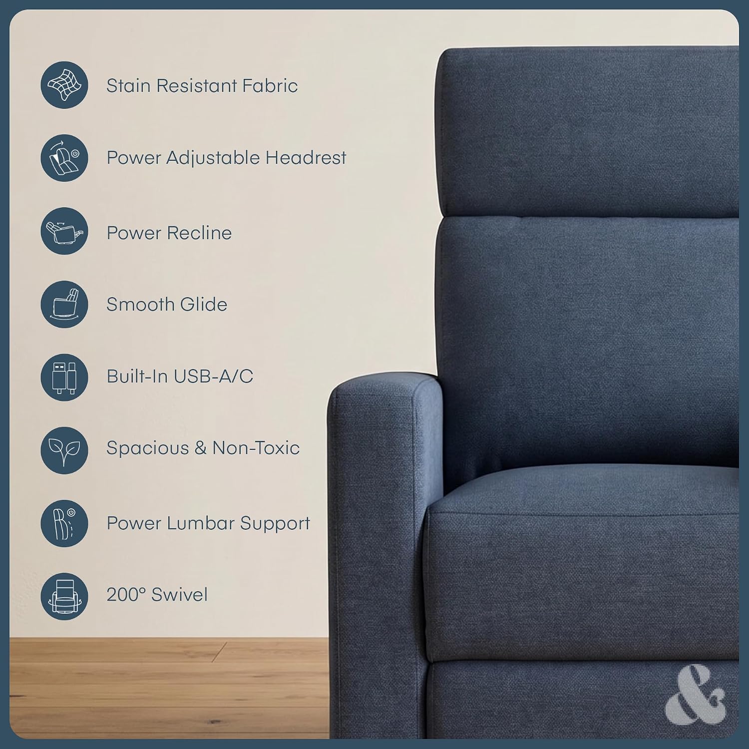 Nurture& The Glider Plus - Premium Nursery Power Recliner | Swivel Chair with Adjustable Head Support and Adjustable Lumbar Support | Built-in USB - The Ultimate Comfort for Nursing, Relaxing (Navy)