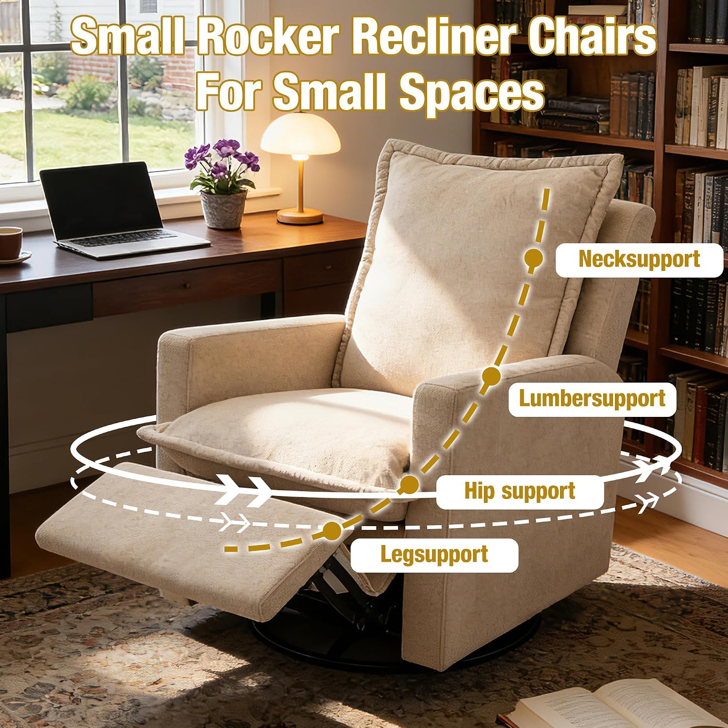 Rocking Chair Nursery Swivel Rocker Recliner Chair, High Back Adult Manual Recliner for Small Spaces, Glider Rocking Reclining Sofa for Living Room Bedroom, Beige
