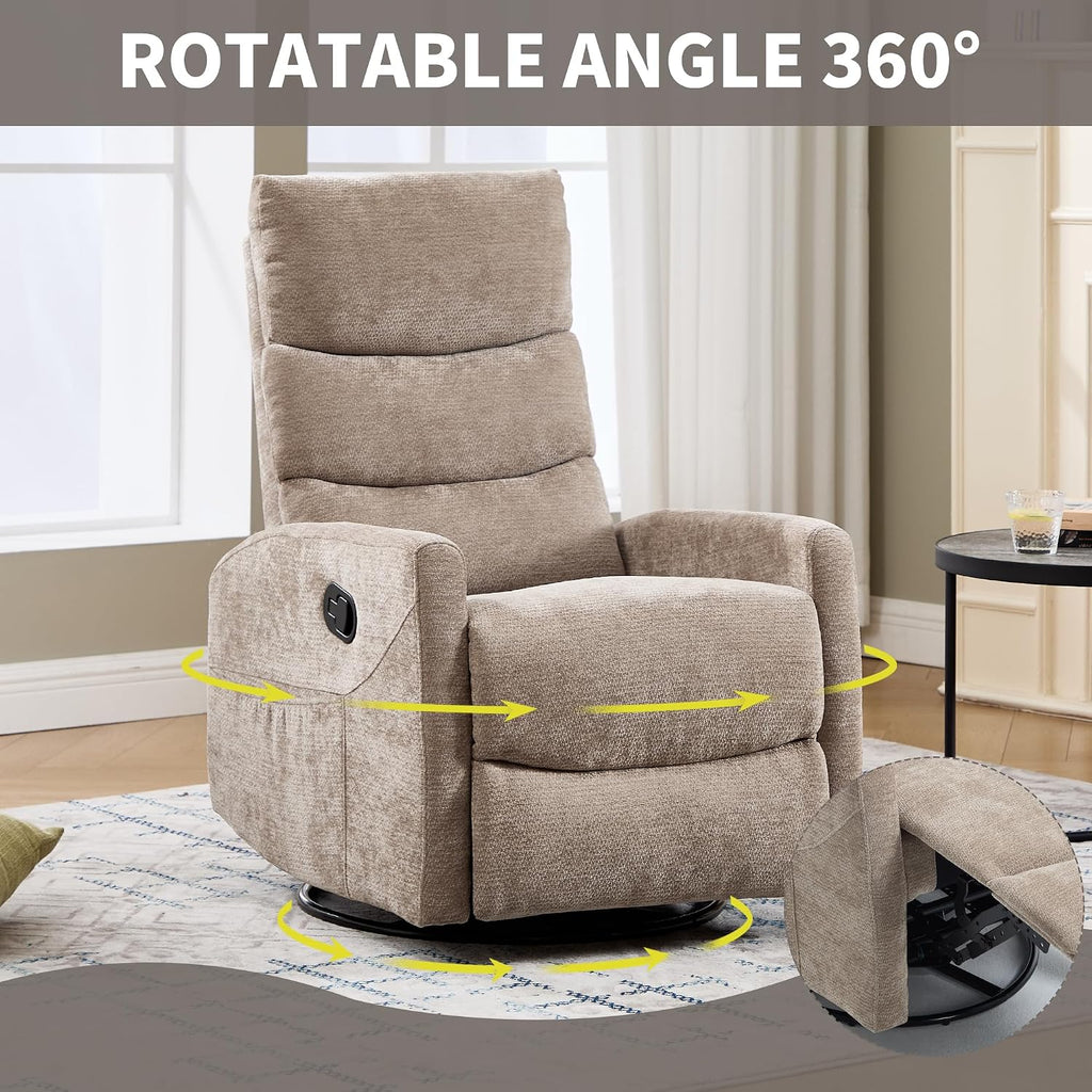 Manual Swivel Rocker Recliner Chair for Adults, Overstuffed Reclining Glider Chair for Nursing with Vibration Massage & Heat, Living Room Rocking Recliner 3-Stage backrest, Chenille Fabric Khaqi