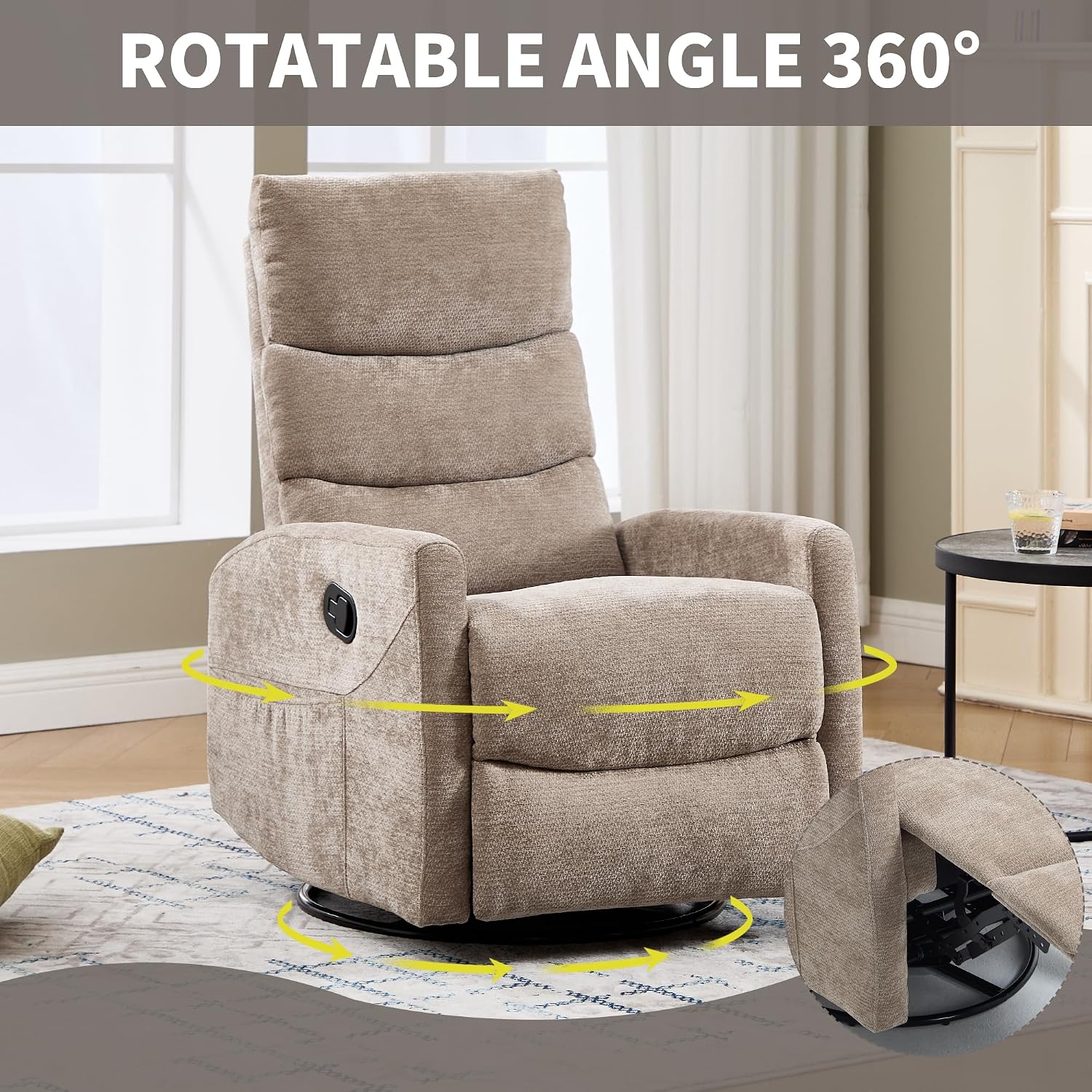 Manual Swivel Rocker Recliner Chair for Adults, Overstuffed Reclining Glider Chair for Nursing with Vibration Massage & Heat, Living Room Rocking Recliner 3-Stage backrest, Chenille Fabric Khaqi