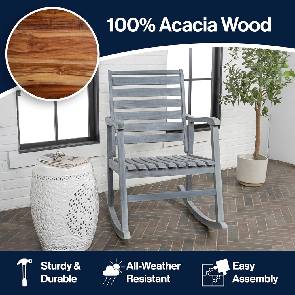 JONATHAN Y RCK101B Carey Modern Slat-Back 300-Lbs Support Acacia Wood Patio Outdoor Rocking Chair for Garden, Lawn, Backyard, Pool, Deck, Beach, Firepit, Gray