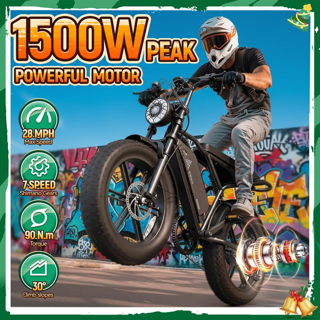 TST Electric Bike for Adults, 1500W Peak Motor 60/100 Miles Fat Tire Ebike with 48V 15Ah/25Ah Removable Battery 20' Electric Dirt Bike Full Suspension and 7-Speed